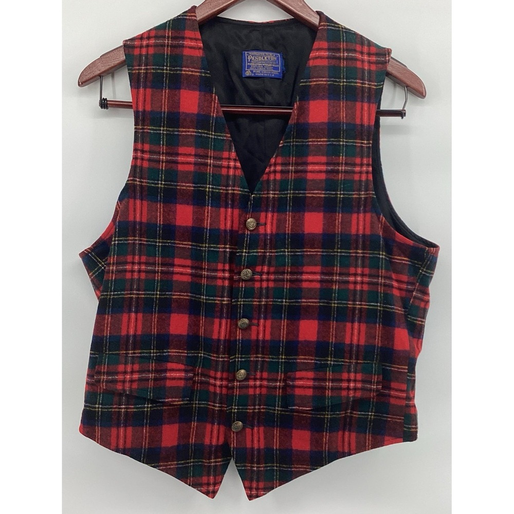 Pendleton Mens Vintage Red Plaid 100% Virgin Wool Vest Made in USA Size S 1970s